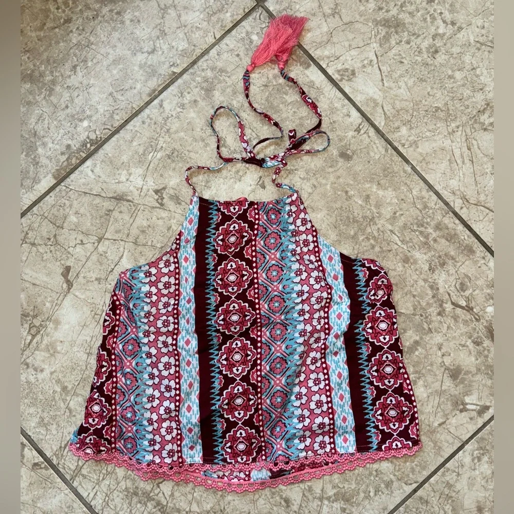 Boho Halter Top with Pink and Blue Patterns - Picture 1 of 3